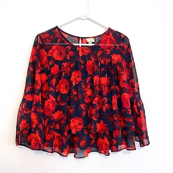 A NEW DAY Tiered Floral Blouse Navy Blue Red 3/4 Bell Sleeve Sheer / Lined Boho - Picture 2 of 12